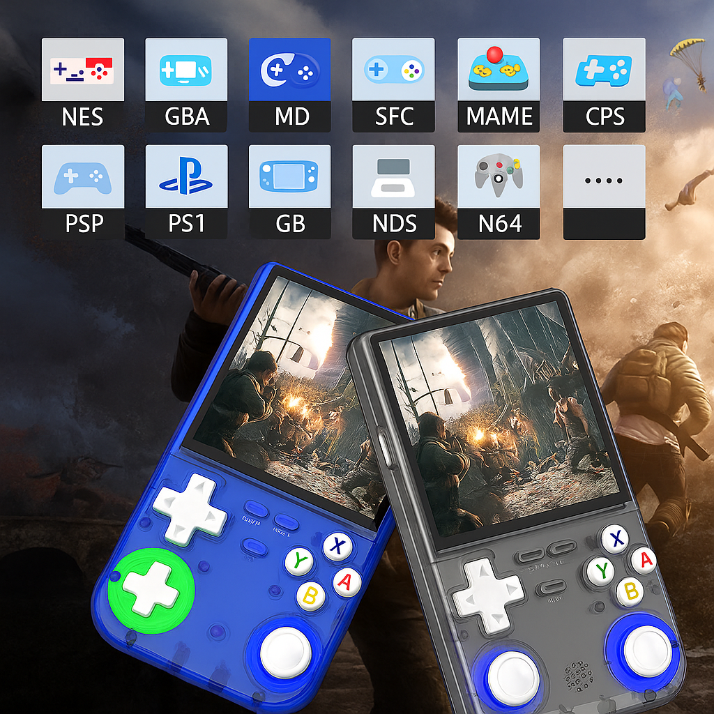 R36Ultra with a backdrop of video game characters and platforms.